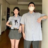 Áo đôi nam nữ áo sơmi nam áo nữ kèm nơ kẻ sọc xanh mix chân váy nữ kèm thắt lưng COUPLE LOVE C202