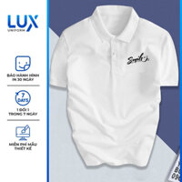 Áo đôi nam nữ - Áo thun có cổ oversize, polo cặp đôi đáng yêu in chứ Smile form rộng cotton 100% cao cấp - Lux Uniform