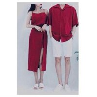Áo đôi nam nữ 🥰FREESHIP🥰 Set áo váy sơ mi cặp couple màu đỏ, màu xanh đen đẹp Hàn Quốc Couple VSM AV80 (có ảnh thật)