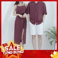 Áo đôi nam nữ 🥰FREESHIP🥰 Set áo váy sơ mi cặp couple màu đỏ, màu xanh đen VSM- AV80 (có ảnh thật) - Hàng nhập khẩu