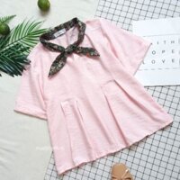 Áo form A cổ phối dây cột nơ in hoa