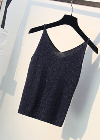 Áo free size hai dây cổ chữ V chất len pha kim tuyến loại 1 không bài xù AO01 - Xanh coban đen đậm