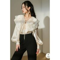 áo freesize somi kiểu cách điệu cổ bèo nhiều tầng dài tay công sở màu kem be đẹp xinh trẻ trung thiết kế chuẩn xịn