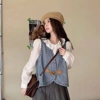 Áo ghi lê Denim ngắn mùa thu Áo ghi lê nữ Retro xếp chồng Áo không tay Nhật Bản