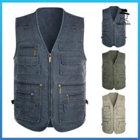 Áo ghi lê nam Frolada màu trơn cổ chữ V không tay nhiều túi Áo khoác ngoài trời Áo câu cá