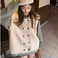 Áo ghile len nữ phối áo len sọc ngang dễ thương, gile len nữ vintage form rộng Hàn Quốc 3827