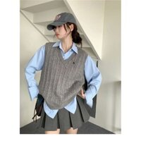 Áo gi lê DệT Kim Thêu Cổ Chữ V màu xám, áo len vặn thừng mặc nhiều lớp rộng rãi dễ phối mặc ngoài thu cho nữ, Áo gi lê, ngựa thích 6x 8N