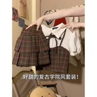 Áo gi lê kẻ ca rô áo ba lỗ ngắn tay giả hai chiếc áo jk đồng phục Bộ dáng nhỏ váy xếp ly cạp cao mùa hè cho nữ