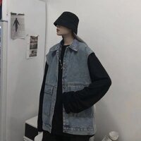 Áo Gile Bò Nam Nữ Màu Xanh Đen Cổ Sơ Mi Sát Nách Cá Tính, Áo Khoác Jeans Dáng Rộng Không Tay Unisex Ulzzang Đủ Size