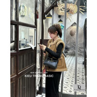 Áo gile da lộn viền lông hai túi