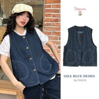 Áo gile jean nữ màu blue denim form rộng TOSUN GL01