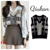 Áo gile kẻ họa tiết én kẻ phong cách Hàn Quốc, Áo gile len nữ chất len dệt dày dặn