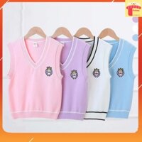 Áo gile len cho bé gái size đại 7-16 tuổi cổ tim viền kẻ thêu thỏ đanh sợi không bai xù dáng thời trang