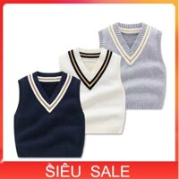 Áo gile len cho bé trai 1-9 tuổi cổ tim viền kẻ phong cách Hàn Quốc đanh sợi không bai xù