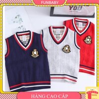 Áo gile len cho bé trai size đại cổ tim 7-14 tuổi đính logo phong cách Hàn Quốc sợi không bai xù