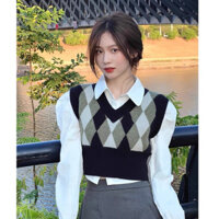 Áo Gile Len crotop quả trám, Gile Nữ dáng ngắn cổ chữ V