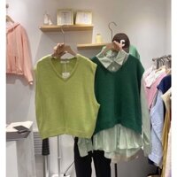 Áo gile len Miss Sumey nữ xanh lá xanh cốm, áo len cổ V trơn basic