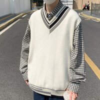 Áo gile len nam form rộng thời trang unisex Hàn Quốc 2024, Áo len không tay gile nam cổ V phối lệch đi học