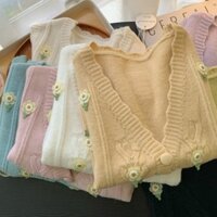 Áo gile len nữ hoa cúc bọc len loại len dày mịn phong cách Vintage tinh tế hàng QCCC loại 1