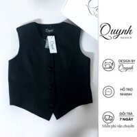 Áo gile nữ áo vest màu đen cổ tim phối khuy QUYNHDESIGN