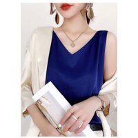 Áo Hai Dây Cổ Tim Mặc Trong Vest blazer kiểu nữ freesize 40-65kg Vải Lụa Satin Mịn ,Thoáng Mát New  Design AO0003 - Xanh coban - Freesize 40-65kg