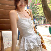 Áo hai dây đi biển chất thô phối ren lưng thun co dãn dáng xòe nhẹ, áo kiểu nữ dáng corset dưới xòe đi biển hai dây xinh