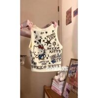 Áo hai dây in hoa hellokitty cô gái mềm mại kiểu Nhật YUEWEN áo hở rốn mẫu ngắn in đầy đủ đường phố xuân hè cho nữ