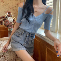 Áo hai dây lệch vai cổ chữ V cho nữ Áo thun dệt kim ngắn màu trơn cho nữ