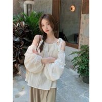 Áo Hai Dây Trễ Vai Kết Cấu Xếp Ly Áo Sơ Mi Nữ Tay Dài Lồng Đèn Rộng Rãi Ngọt Ngào Phong Cách Hàn Quốc Mùa Hè Cho Nữ