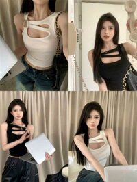 Áo hai dây và 3 lỗ nữ khoét ngực dáng ngắn croptop, Áo ba lỗ nữ cổ giả yếm, áo croptop 3 lỗ ôm body chất thun gân mềm mịn - đen - Free size