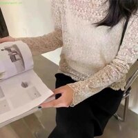 Áo hoa ren DAPPERGENT, Áo dài tay xuyên thấu lưới trong suốt, Áo sơ mi đi biển ngọt ngào phong cách Hàn Quốc Áo thun cổ cao nửa cổ nữ