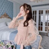 Áo hồng tiểu thư tay phồng hở vai croptop ulzzang hàn quốc Lina Top New