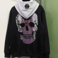 Áo Hoodei Zíp Nam Philip plein Đầu Lâu sau lưng Siêu Chất - Áo Hoodie Zip Nam plein mú xám
