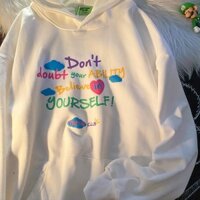 Áo hoodie chui đầu dài tay dáng rộng in họa tiết mây và chữ mùa thu/đông Hàn Quốc mới 2021 cho học sinh/nữ/cặp đôi