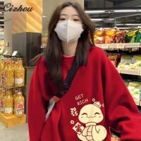 Áo Hoodie dáng rộng in hoạt hình dễ thương cổ tròn Áo len Cashmere dáng rộng