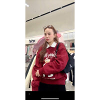 Áo hoodie đỏ hình gấu phối cổ sơ mi trắng cho nữ