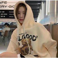 Áo hoodie form rộng cao cấp dày nón to in hình gấu,Áo khoác nỉ bông unisex nam nữ cực đep thời ttang hàn - Trắng kem - XL