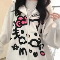 Áo Hoodie Hello Kitty Áo khoác Cardigan in hình dễ thương phiên bản Hàn Quốc Áo có mũ trùm đầu rộng rãi