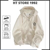 Áo Hoodie hình thêu màu trắng kem form rộng 2 lớp , áo hoodie nam nữ K118