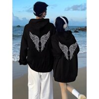 Áo hoodie in hình cánh mùa thu đông bùng nổ 2024, cỡ lớn nam / nữ áo khoác trắng / đen dáng rộng áo lười