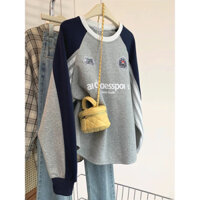 Áo hoodie không mũ chui đầu chui vai màu tương phản kiểu Mỹ Jiashucheng áo dài tay rộng rãi cảm giác thích hợp thiết kế mẫu mới mùa thu cho nữ