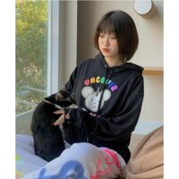 Áo Hoodie Không Xù lông Dành Cho Nam Cho Nữ Có Mũ Chất Nỉ Form rộng Unisex Sici Bear - Đen - L dưới 60kg