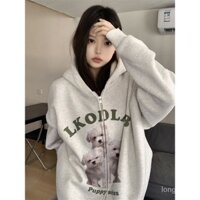 Áo Hoodie [Lông Cừu Thêm Màu Kem Cún Con] Áo Khoác Dây Kéo In Chữ Mùa Thu Đông Không Phai Màu Cho Cặp