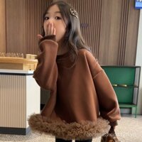 Áo hoodie lót nhung cho bé gái, váy tutu phong cách tây cho bé gái mẫu mới thu đông 2024, áo hoodie trang phục mùa đông, áo dễ phối đồ