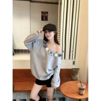Áo Hoodie Màu Xám Lệch Vai Khí Chất Phong Cách Hàn Quốc Kiểu Mỹ Áo Dài Tay Cảm Giác Cao Cấp