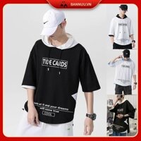 Áo hoodie nam tay ngắn áo giả hai lớp dáng rộng thời trang cá tính in phong cách Hàn Quốc Hợp thời trang siêu đẹp from rộng hoodie