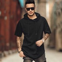 Áo Hoodie nam tay ngắn màu trơn cỡ lớn dáng rộng hông Áo nỉ mùa hè thông thường