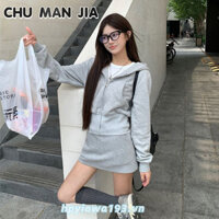 Áo Hoodie ngắn màu xám Áo khoác nữ thu đông Áo len thời trang hàng đầu mới