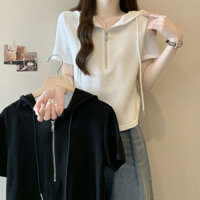 Áo Hoodie ngắn tay mùa hè dành cho nữ có dây kéo và dây rút