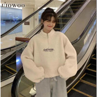 Áo hoodie nhung lông cừu UIOWOO Áo khoác liền mũ dáng dài rộng cho nữ kiểu dày